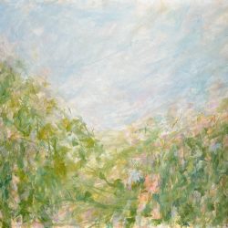 Beyond The Hedgerow 76 x 100cm. Original painting on canvas in acrylics depicting a hedgerow under a blue sky