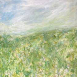 The Meadow Whispers 70 x 70 cm original landscape paintings looking down on the meadows under a blue sky.